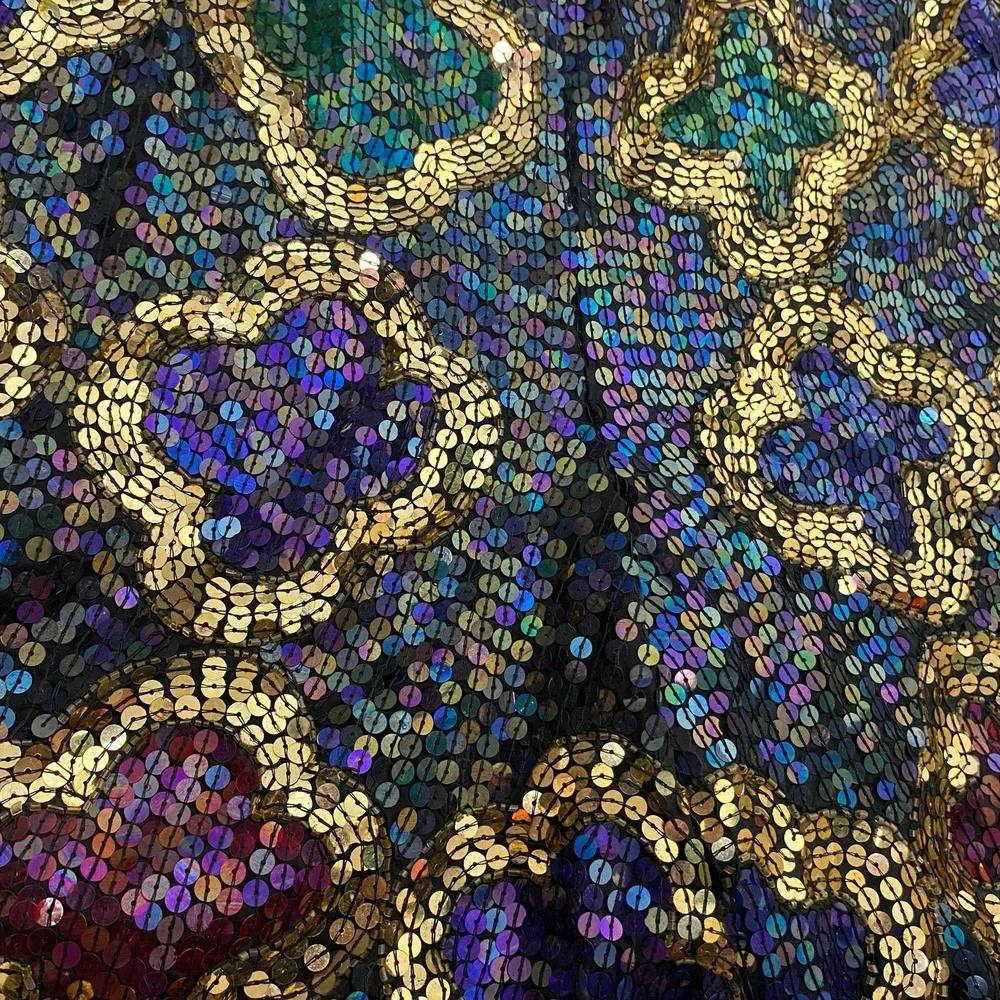 Vintage SNF Silk Sequin Shorts Quatrefoil Flower Glitz Glam Black Gold Peacock - Picture 2 of 7